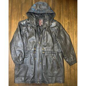 G III‎ Leather Jacket Womens Large Black Hooded Warm Rainproof Real Leather